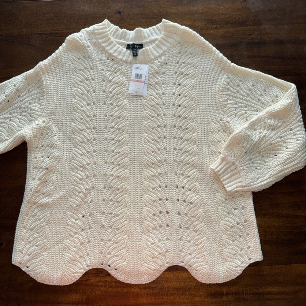 NWT Jessica Simpson Ivory Open Knit Scalloped Edge Hem Sweater 2X